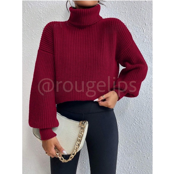 Burgundy Turtleneck Knit Pullover Sweater Long Sleeve - Picture 2 of 8